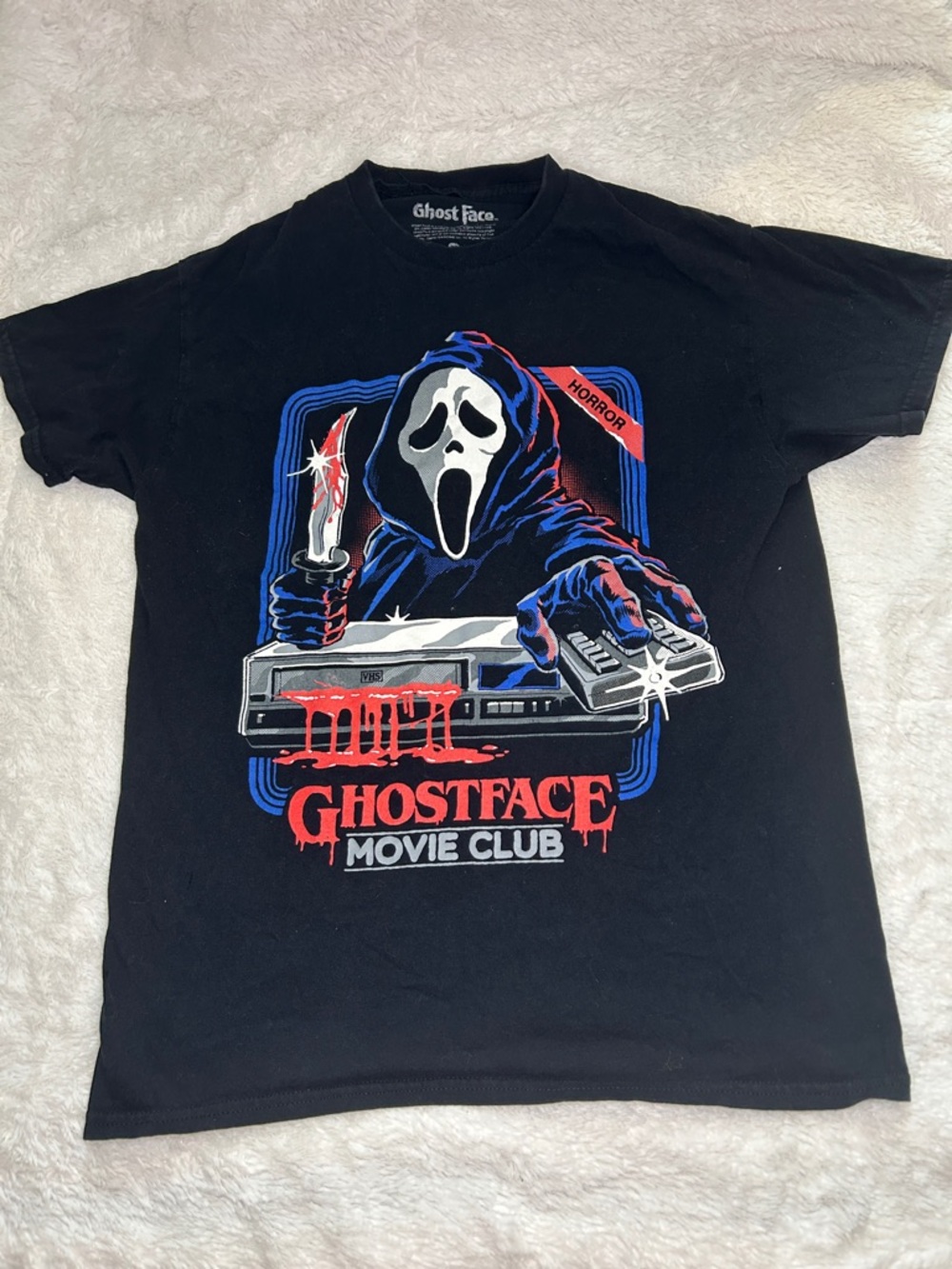 Ghostface Movie Club Graphic Tee - Black with Red & Blue